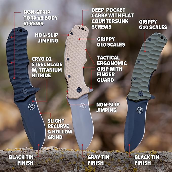 Off-Grid Knives - Rapid Fire Blackout - Large Folding Knife for Camping &amp EDC Cryogenic D2 Blade Steel Titanium Nitride Coating with G10 Scales &amp Deep Carry Clip