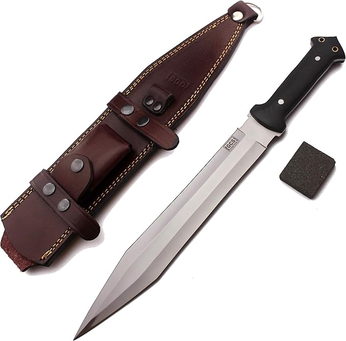 GCS Handmade Survival Hunting Knife and Bowie Black G10 Handle with Brown Leather Right or Left Hand Horizontal Fixed Blade Knife Sheath &amp Sharpening Stone (D2-16.5 Trail Master