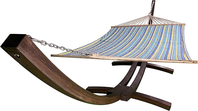 14 Ft. Water Treated Wooden Arc Hammock Stand + Premium Quilted Double Padded Hammock Bed. 2 Person Bed.450 LB Capacity(Coffee Stain/Teal &amp Yellow Stripe)