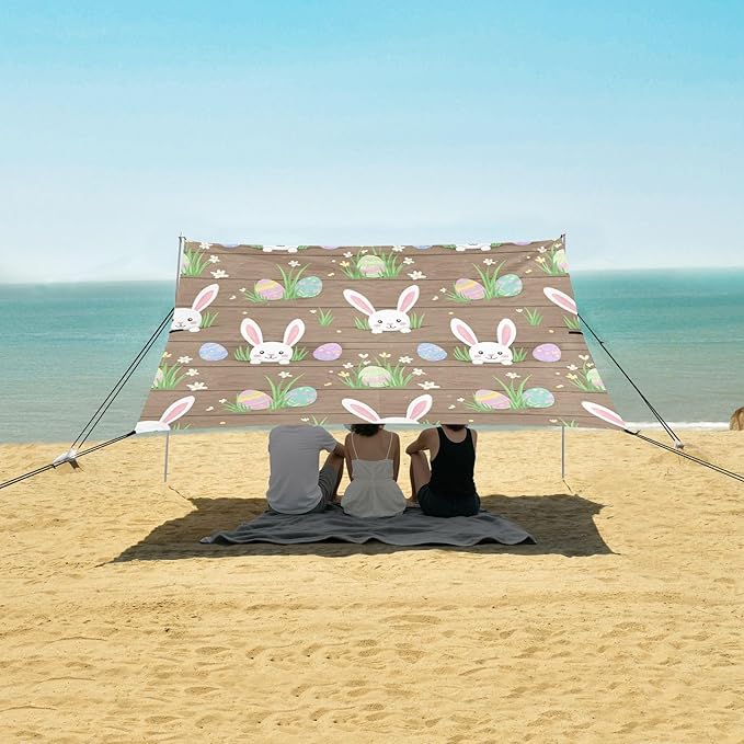 xigua Easter Bunny Beach Tent Sun Shelter with Carrying Bag - Silver Coated Oxford Fabric Beach Canopy for Beach Camping Fishing - Includes Windproof Ropes Sandbags &amp Stakes