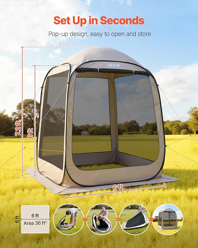 VEVOR Screen House Tent 6x6FT Pop-Up Screen Tent for 4–6 Person Portable Screen Room Gazebo with Netting Carry Bag &amp Ground Stakes Instant Screen Canopy for Patio Backyard Garden Camping