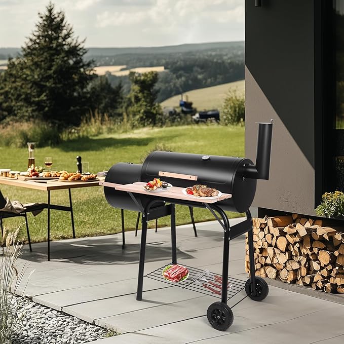 Outvita BBQ Charcoal Grill Outdoor Patio Barbecue Cooker with Offset Smoker Wheels and Tray for Balcony Picnics Party and Camping