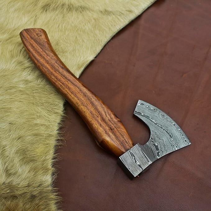 Nesmo - 012 Handmade Damascus Steel 11'' Mini Axe with Wooden Handle for Splitting and Cutting Wood Camping Axe Throwing Axe Vikinng AxeOutdoor Survival &amp Gift for Men