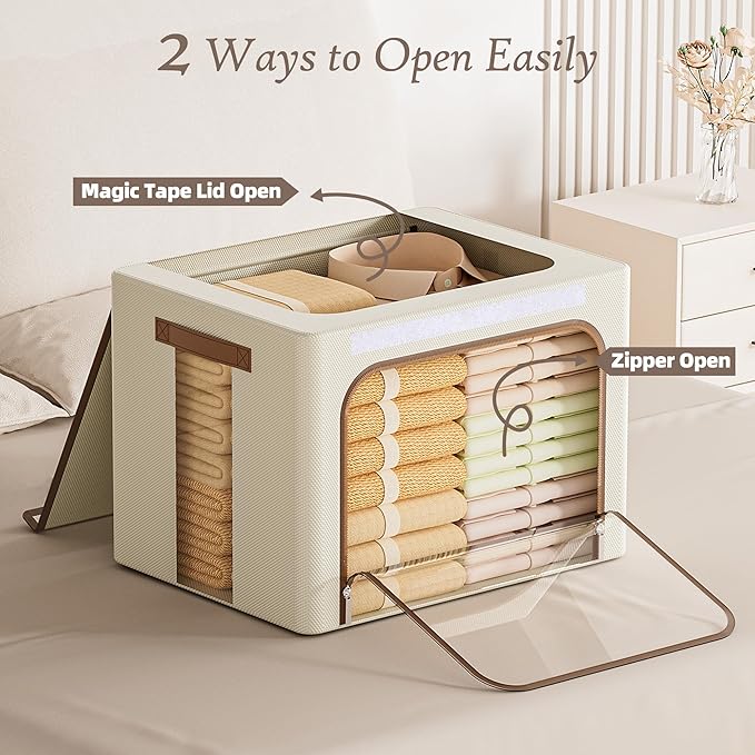 Yecaye Clothes Storage Bins with Metal Frame Foldable Clothing Storage Bin with Lid Stackable Oxford Fabric Organizer Box With Clear Window &amp Zippers &amp PU Leather Handles (3 PackBeige66L)