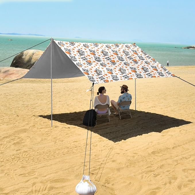 ALAZA Cute Raccoon Orange Heart Beach Tent Sun Shelter UPF50+ Protection Beach Shade Canopy w/ 4 Sandbags for Outdoor Camping Fishing Backyard Fun Picnic 10x9 ft