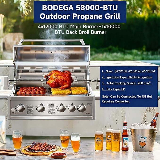 BODEGA 5 Burner Built In Gas Grill Island Head Stainless Steel 30 Inch Propane Grill with Rear Burner 58000 BTUs 988.5 SQ In Racks Dual Fuel Compatibility Gas Grill Outdoor Cooking BBQ Fork Kit.