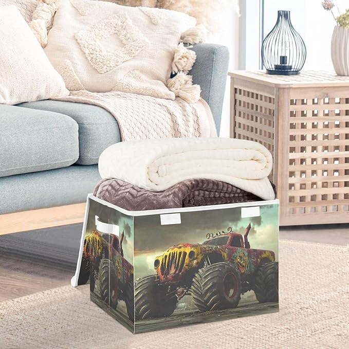 AIXIWAWA Lidded Storage Cube (Retro Monster Truck) Fabric Foldable Closet Bins with Flip Lid and Handles Organizer Basket Container 16.5 x 12.6 x 11.8 IN