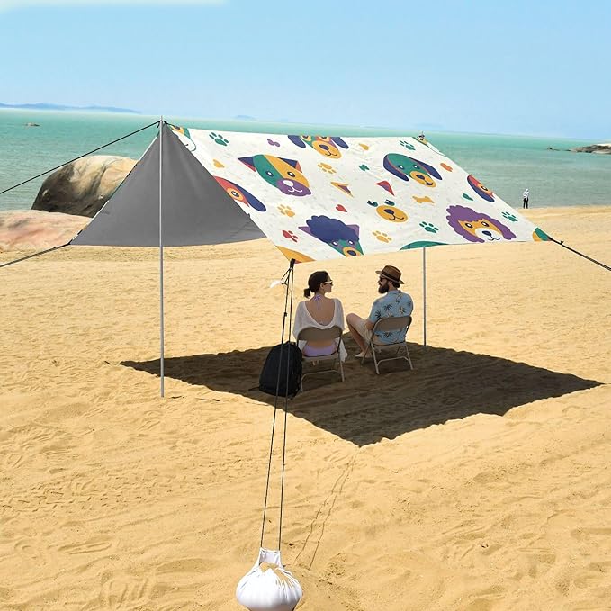 Dog Beach Canopy Sun Shelter with Sandbags &amp Sand Shovel &amp Windproof Ropes - Portable 110x126 Beach Shade Beach Tent for Camping Picnics