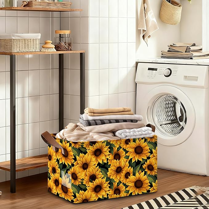 32L Large Storage Bins with Handles Basket Organizer for Shelves Closet Books Laundry &amp Home Decor (Field Sunflower)