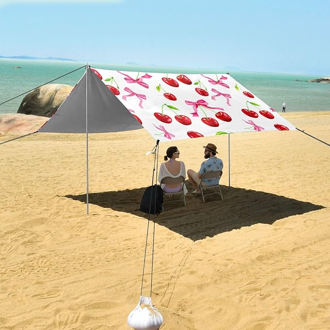 Beach Canopy with Windproof Ropes &amp Sandbags Beach Tent Sun Shade Sun Shelter for Camping Trips Fishing Backyard Fun or Picnics Cherry