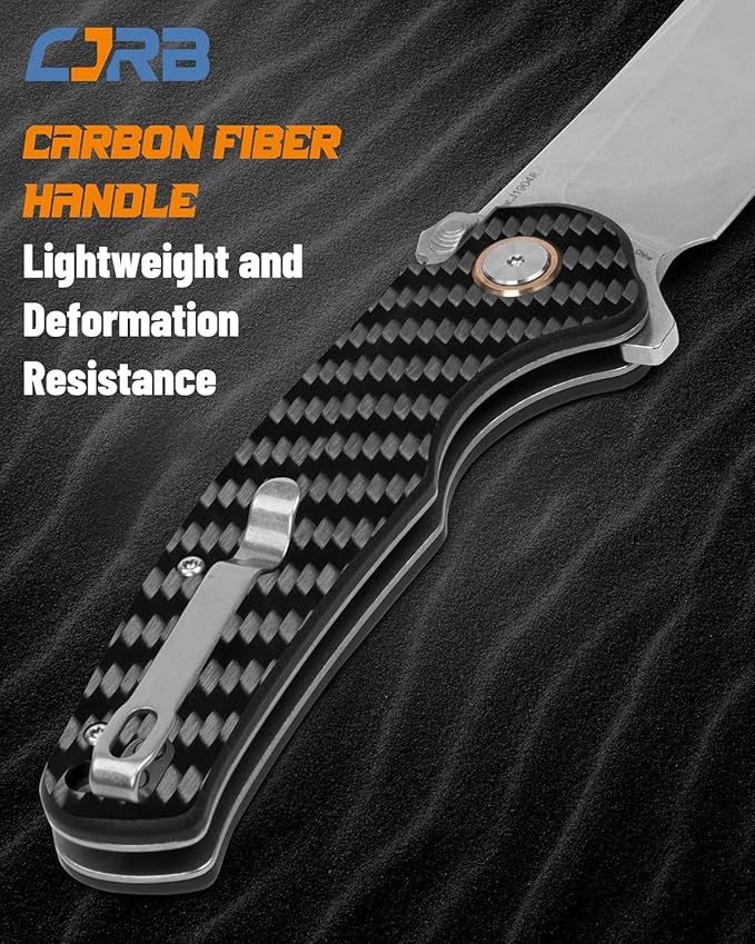 CJRB Crag Tactical KnifeCleaver Pocket Folding Knife with Stonewash AR-RPM9 Steel Blade and Carbon Fiber Handle for Men Outdoor Survival Camping and EDC Black (J1904R)