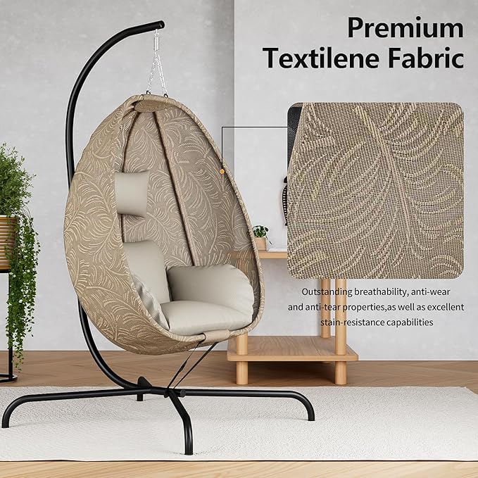 ALAULM Foldable Egg Chair with Stand 485LBS Capacity Textilene Hammock Swing Chair for Outdoor &amp Indoor Patio Hanging Chair with Strong Frame &amp UV Resistant Cushion for Balcony Bedroom Cre