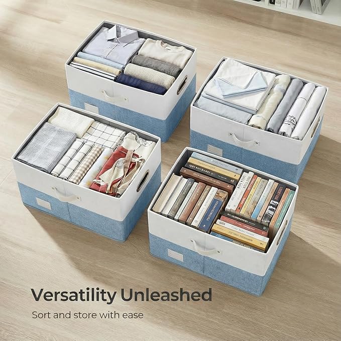 PRANDOM Storage Bins with Lids [3-Pack] Linen Fabric Foldable Storage Boxes Organizer Containers Baskets Cube with Cover for Bedroom Closet Office White&ampBlue (23.4X15.9X11.4)