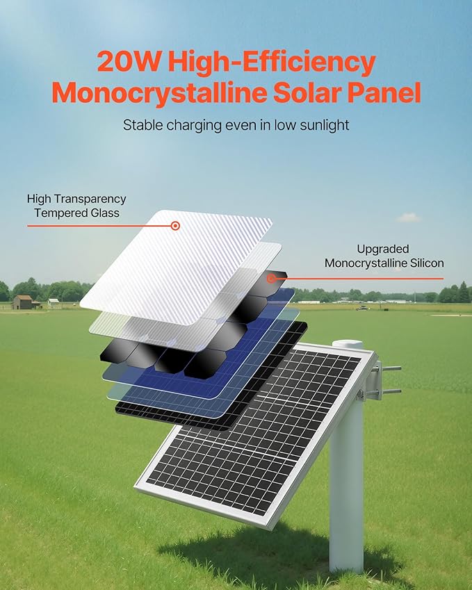 VEVOR 20W 12V Solar Panel Battery Charger Solar Battery Trickle Charger Maintainer with Built-in Controller &amp 0-60° Adjustable Pole Mount Bracket IP67 for Gate Fence Farm Lawn (Fit 1.5 - 3 Pol
