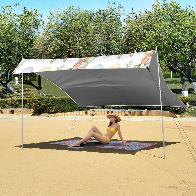 xigua Easter Bunny Beach Tent Sun Shelter with Carrying Bag - Silver Coated Oxford Fabric Beach Canopy for Beach Camping Fishing - Includes Windproof Ropes Sandbags &amp Stakes