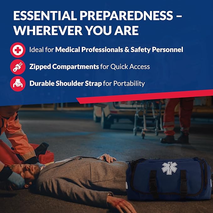 First Responder Trauma First Aid Kit Bag – Fully Stocked Emergency Medical Kit for Workplace Vehicle &amp Home – OSHA &amp ANSI Compliant – Portable – Blue