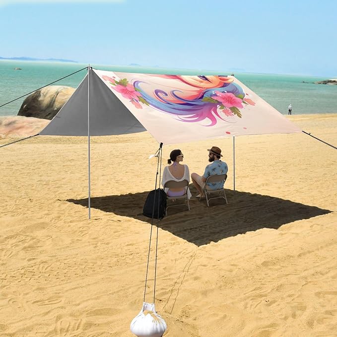 ALAZA Unicorn Flowers Beach Tent Sun Shelter UPF50+ Protection Beach Shade Canopy w/ 4 Sandbags for Outdoor Camping Fishing Backyard Fun Picnic 10x9 ft