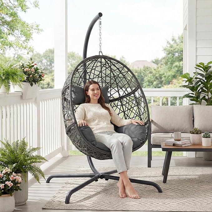NICESOUL Bird Cage Swing Egg Chair UV/Water-Resistant 450lbs Capacity Wicker Swinging Chairs with Stand Comfy Oversized Hanging Seat w/Cushion Metal Frame &amp Cover for Indoor Outdoor Dark Grey