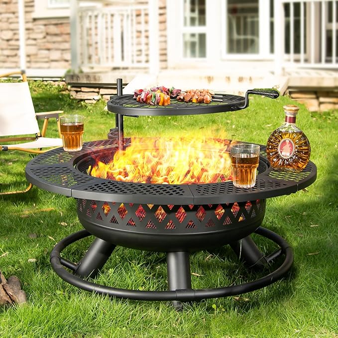 36 Inch Fire Pit with GrillWood Burning Fire Pits for Outside with Lid&amp Fire PokerRound Metal Firepit Table 3 in 1 with Cooking GrateOutdoor Firepits for Yard Patio Bonfire Camping(Black)