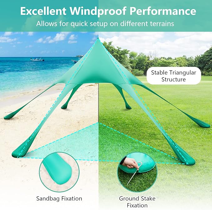 Tangkula Beach Canopy Tent UPF50+ Beach Sun Shade with Sand Shovel 6 Ground Pegs 6 Sandbags Supporting Pole Carry Bag Pop Up Beach Sun Shelter for Camping Fishing Trip