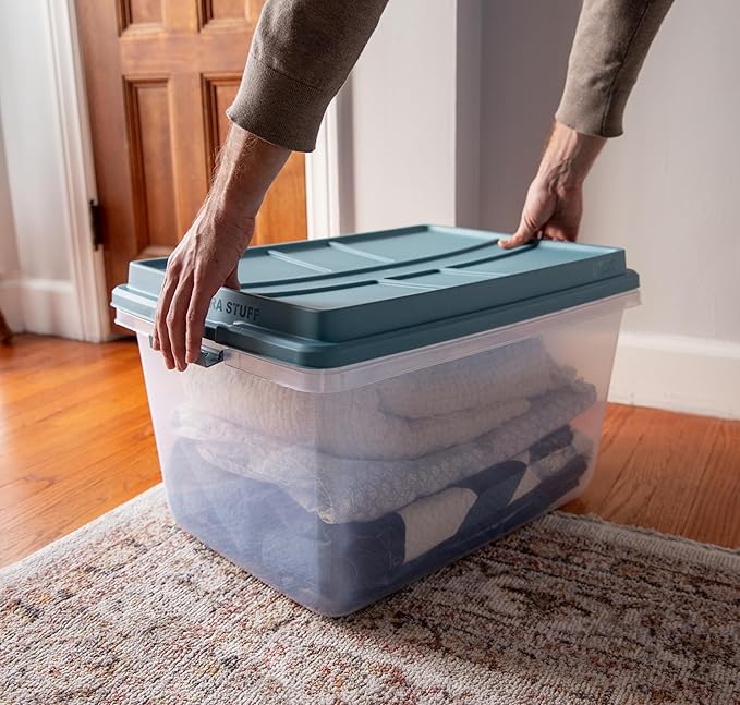 Hefty HI-RISE Stackable Storage Bins - Under Bed Storage Containers with Lids Shoe Organizer Plastic Storage Bins Clear Shoe Boxes with XL Lid-Locking Latches Durable Double Rim - 72qt (6 Pack)