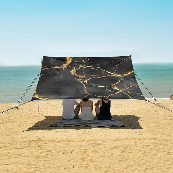 ALAZA Black Marble with Golden Veins Beach Tent Sun Shelter Portable Canopy Sunshade for Outdoor Camping Picnics Backyard Fun 10x9 ft
