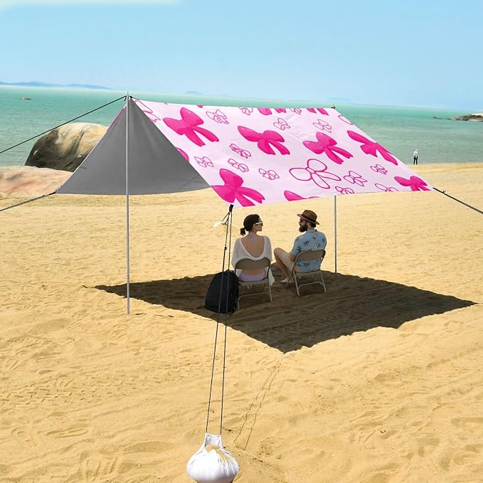 xigua Bow Tie Beach Tent Sun Shelter with Carrying Bag - Silver Coated Oxford Fabric Beach Canopy for Beach Camping Fishing - Includes Windproof Ropes Sandbags &amp Stakes