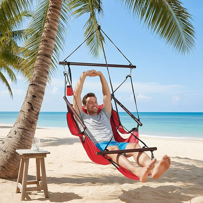ONCLOUD Hammock Chair Hanging Swing Seat Air Deluxe Rope Through Beech Wood Bars Drink Holder &amp Fuller Pillow Safer Relax for Indoor Outdoor 250Lbs Red