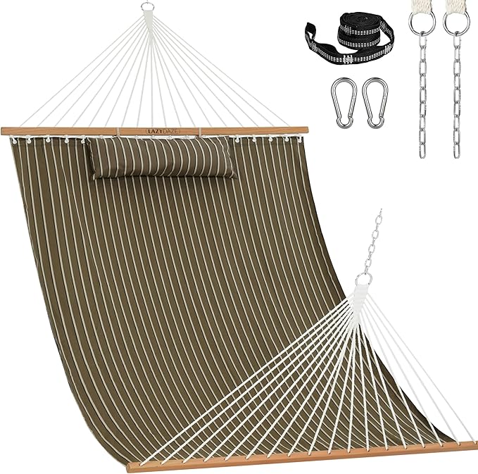 Lazy Daze Hammocks 12 FT Sunbrella Fabric Hammock not Fading with Spreader Bars and Free Pillow Fits for 2 Persons All Weather and Fade Resistant for Patio Yard 450 lbs Capacity Harwood Cocoa