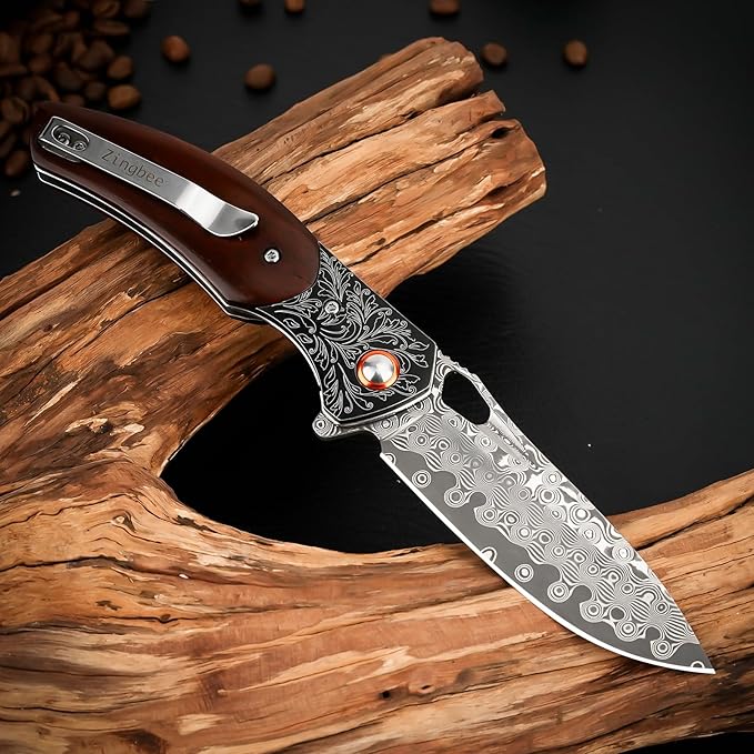 Zingbee Damascus Pocket Knife with Sheath 3.35 Damascus Steel Blade Knife with Wooden Handle EDC Pocket Knives &amp Folding Knives for Outdoor Camping Ideal Gifts for Men Women