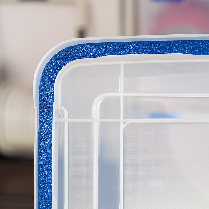 IRIS USA WeatherPro 74 Qt Storage Bins with Lids 3 Pack BPA-Free Plastic Gasket Box with Tight Latch and Seal Stackable Nestable Tote Tub - Clear/Blue