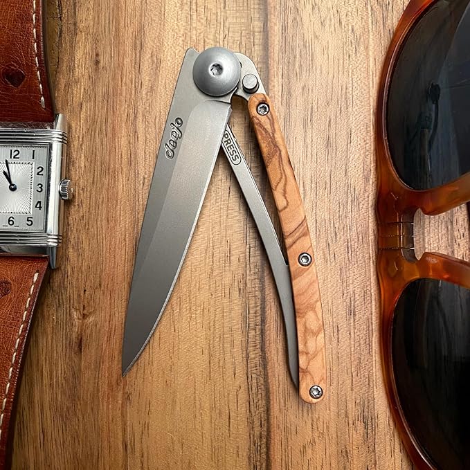 deejo - 27G Folding Pocket Knife with Belt Clip - Naked Grey Titanium Finish 2.95-Inch Stainless Steel Blade Olive Wood Handle - Lightweight Everyday Carry for Home Work and Outdoor Use