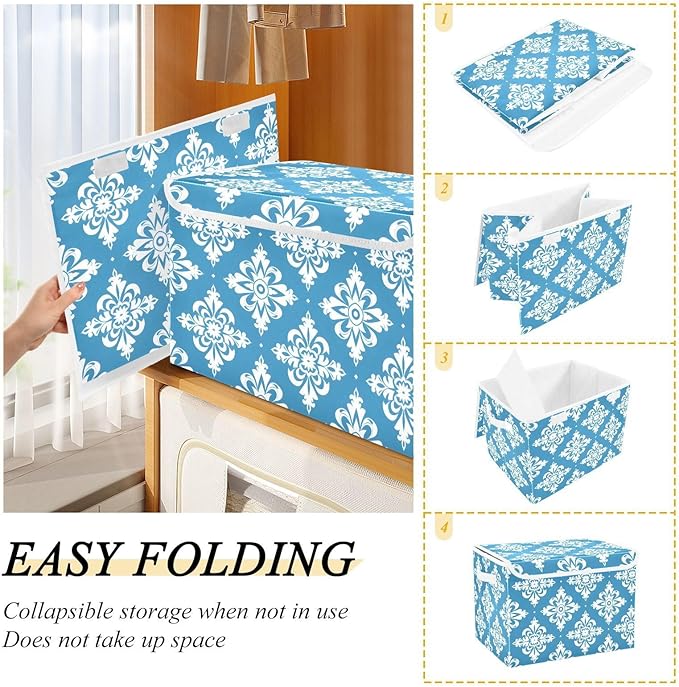 MNSRUU Containers Baskets with Lids Blue and White Floral Ornament Pattern Fabric Foldable Storage Bins Organizer with Lid Collapsible Storage Boxes for Home Bedroom Closet Office