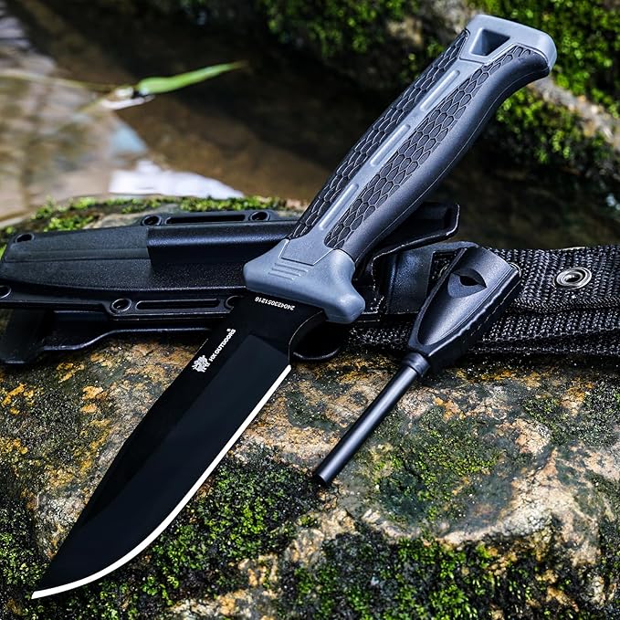 HX OUTDOORS Extra Sharp Bushcraft Knife with Fire Starter Premium D2 Steel Fixed Blade Survival Camping Knife with Ferro Rod Plastic Sheath for Outdoor Hiking Backpacking (Black)