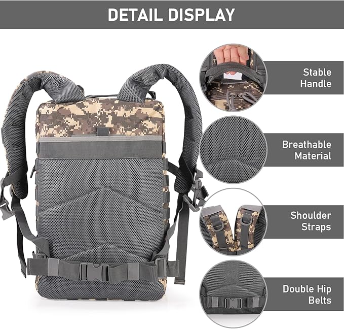 ShowyLive 3P Tactical Backpack Military Rucksack - 45L Large Hiking Backpack Waterproof Durable Camping Backpack for Men Women Travel Outdoor Sports Bug Out Bag (ACU)