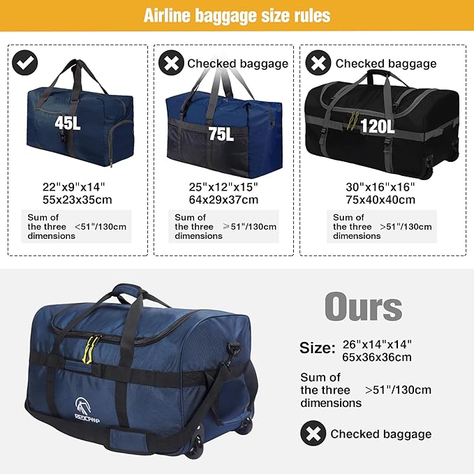 REDCAMP 85L/120L/140L Foldable Duffle Bag with Wheels Large Travel Duffel Bag