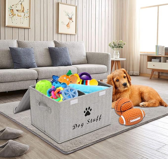 Dog toy box with lid dog storage organizer perfect basket for dog toys living room playroom closet home organization and storage - Gray Stripe