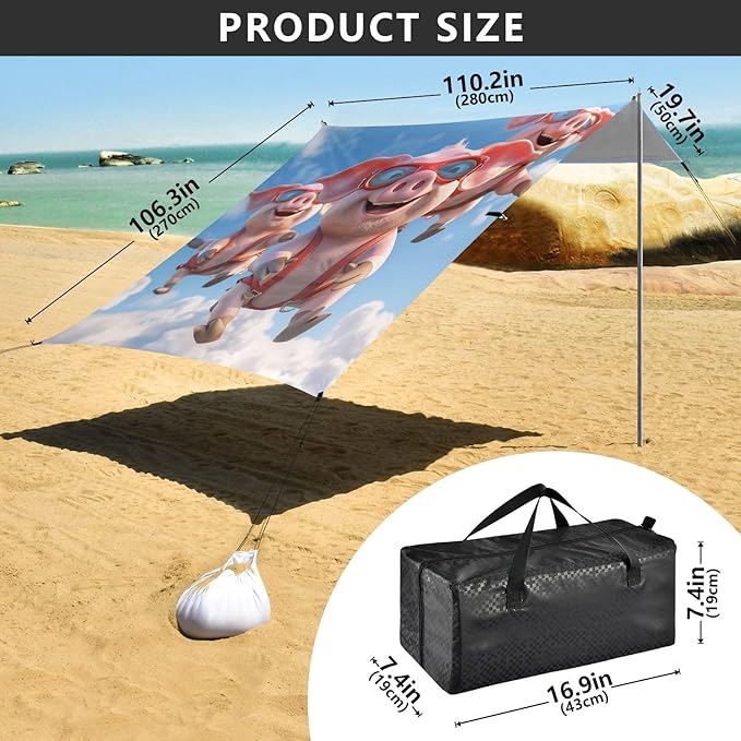 ALAZA Three Funny Sky Flying Piggies 3D Illustrat Beach Tent Sun Shelter Portable Canopy Sunshade for Outdoor Camping Picnics Backyard Fun 10x9 ft