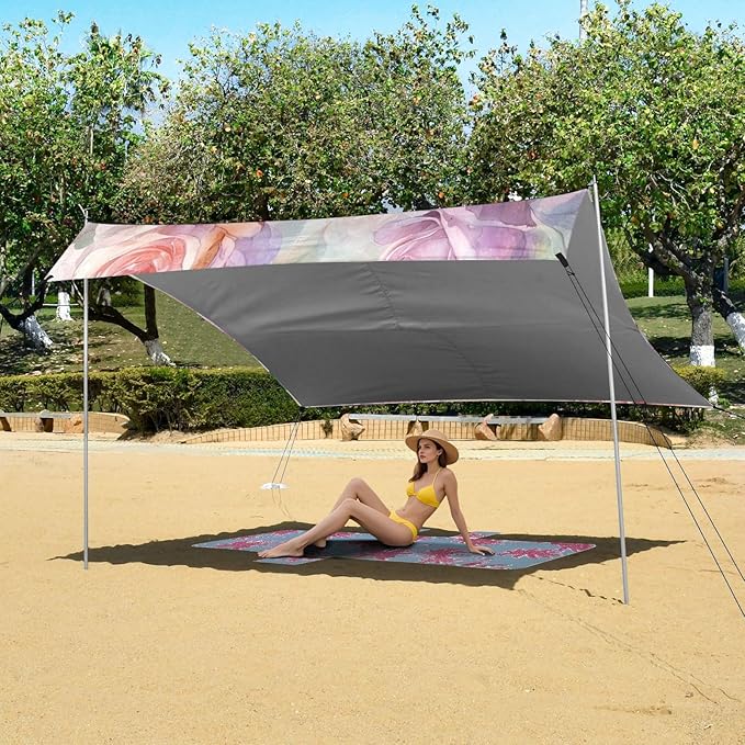 ALAZA Watercolor Pink Rose Flowers Beach Tent Sun Shelter UPF50+ Protection Beach Shade Canopy w/ 4 Sandbags for Outdoor Camping Fishing Backyard Fun Picnic 10x9 ft