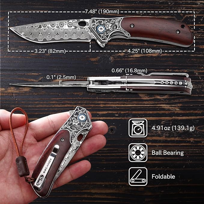 Damascus Pocket Knife with Wood Handle Sharp 3.23 Damascus Steel Blade Folding Knives EDC Knifes for Camping Hiking Collection