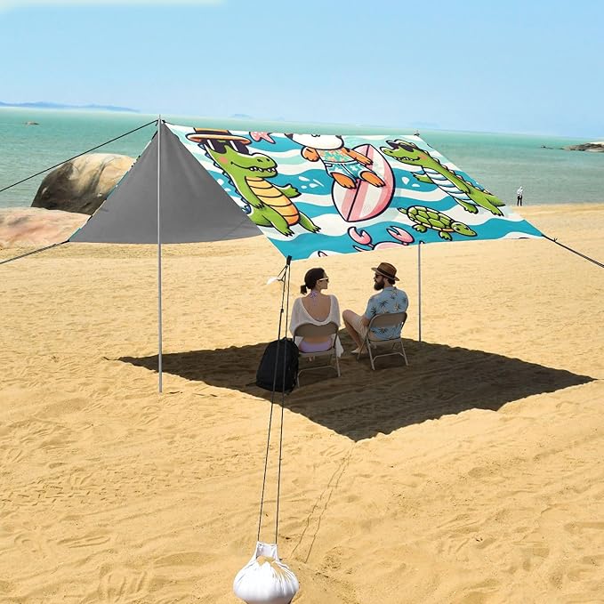ALAZA Cute Pig Crocodile Tiger Beach Tent Sun Shelter UPF50+ Protection Beach Shade Canopy w/ 4 Sandbags for Outdoor Camping Fishing Backyard Fun Picnic 10x9 ft