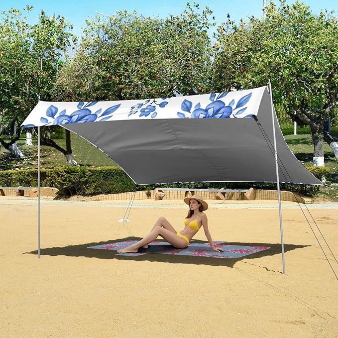 Beach Canopy with Windproof Ropes &amp Sandbags Beach Tent Sun Shade Sun Shelter for Camping Trips Fishing Backyard Fun or Picnics Blue Flowers