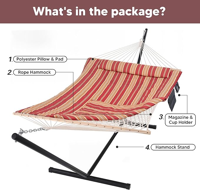 SUNCREAT Hammocks Portable Hammock with Stand Hammock with Stand 2 Person Heavy Duty for Bedroom Backyard Patio Balcony Red Stripe