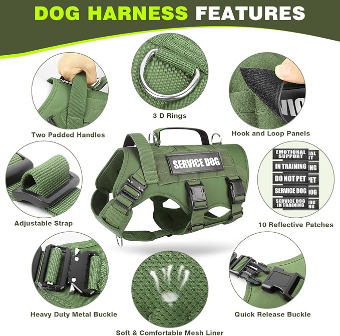 WINSEE Service Dog Vest Harness for Medium Dog Tactical Working MOLLE Vest with 10 Pet Patches No Pull Heavy Duty Harness for Training Walking