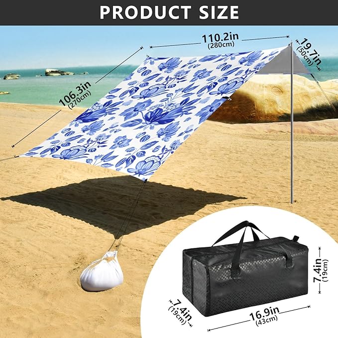 Beach Canopy with Windproof Ropes &amp Sandbags Beach Tent Sun Shade Sun Shelter for Camping Trips Fishing Backyard Fun or Picnics Blue Flowers