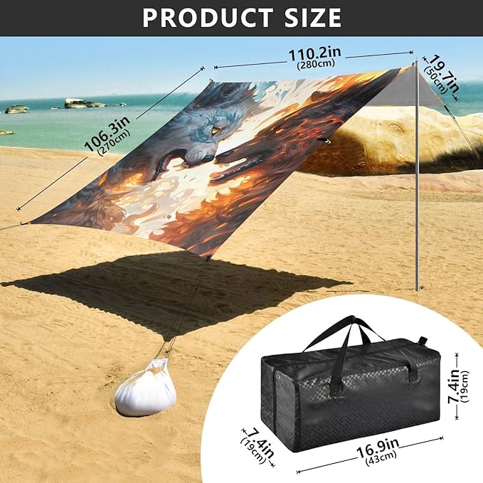 ALAZA Roarring Wolf Fire &amp Ice Beach Tent Sun Shelter UPF50+ Protection Beach Shade Canopy w/ 4 Sandbags for Outdoor Camping Fishing Backyard Fun Picnic 10x9 ft