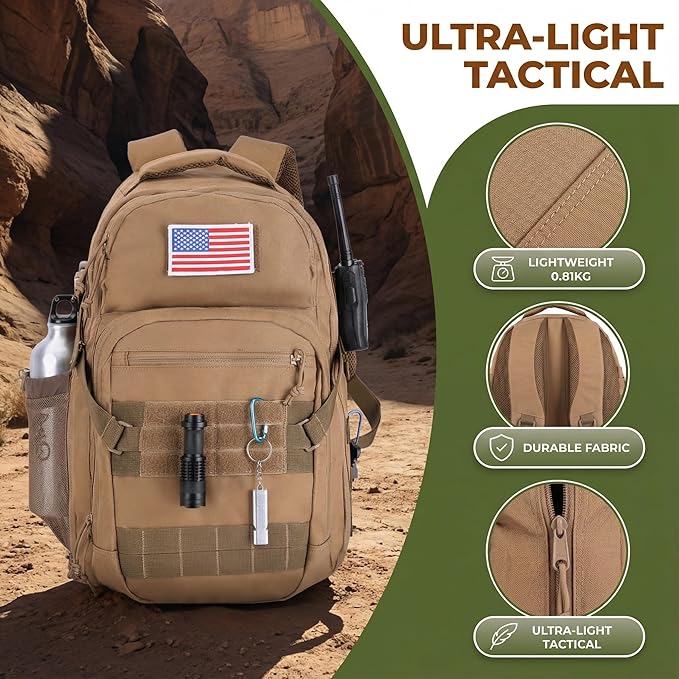 Tactical Hiking Backpack with 180° Open Design Molle Webbing Padded Laptop Compartment Lightweight for Outdoor Adventures (tan)