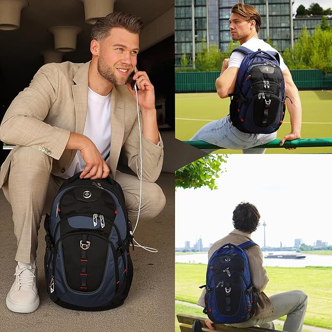 Swissdigital Design Laptop Backpack with USB Charging Port Travel Backpack Fits 15.6 inches Computer 31L College School Backpack for Men Blue/Black | SD803-12