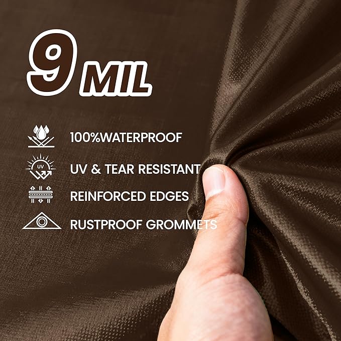 Outdoor Tarp Heavy Duty 9 Mil Multi-Purpose Waterproof Reinforced Rip-Stop Tarps with Grommets - 20 x 30 Feet Brown Sliver