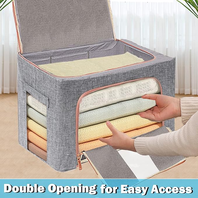 Large Capacity Clothes Storage BagsStackable Storage Organizer with Foldable Metal Frame 2-Way Zipper Handles Clear Window for Clothes Bedding Seasonal Storage (3Pack 66L)